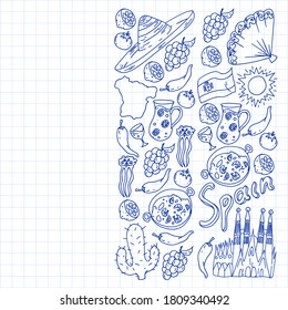 Spain travel. Pattern with spanish vector doodles elements. Eat spanish food. Play spanish guitar, dance flamenco. Traditional icons of bull, wine, dresses.