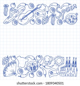 Spain travel. Pattern with spanish vector doodles elements. Eat spanish food. Play spanish guitar, dance flamenco. Traditional icons of bull, wine, dresses.