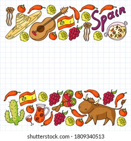 Spain travel. Pattern with spanish vector doodles elements. Eat spanish food. Play spanish guitar, dance flamenco. Traditional icons of bull, wine, dresses.