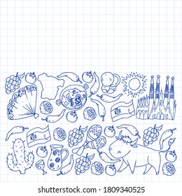Spain travel. Pattern with spanish vector doodles elements. Eat spanish food. Play spanish guitar, dance flamenco. Traditional icons of bull, wine, dresses.