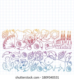 Spain travel. Pattern with spanish vector doodles elements. Eat spanish food. Play spanish guitar, dance flamenco. Traditional icons of bull, wine, dresses.