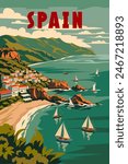 Spain travel poster, tropical resort bay view