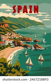 Spain travel poster, tropical resort bay view