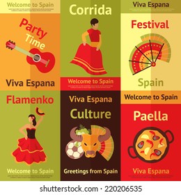 Spain travel spanish culture vacation retro posters set isolated vector illustration