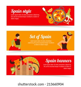 Spain travel spanish style culture wine flamenco banners set isolated vector illustration