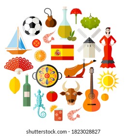 Spain Travel Symbols in flat style. Popular Spanish attractions and landmarks isolated on white. Set of icons on the tourist theme. Vector illustration on the theme of traveling in Europe.