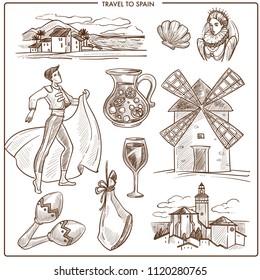 Spain travel symbols and vector sketch landmarks