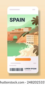 Spain travel ticket illustration coastal cityscape arch bridge beach palm trees