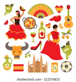 Spain travel tourist attractions icons set isolated vector illustration