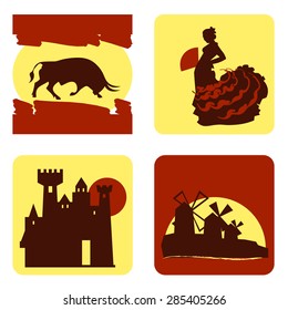 Spain travel tourist attractions icons set 