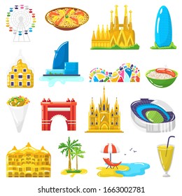 Spain travel tourist attractions, tourism in Barcelona city isolated vector illustrations. Spanish food cuisine, famous touristic landmarks architecture for travelers, beach vacations icons set