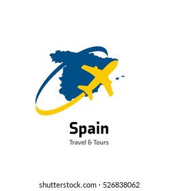Spain Travel and Tours logo. Vector travel company logo design - Country map Leisure travel logo template. Tourism emblem, leisure center - vector illustration