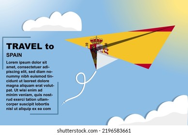 Spain travel vector banner with paper flag and text space, Spain country flag on paper plane, holiday and vacation concept, summer travel template and pattern, flight ticket idea