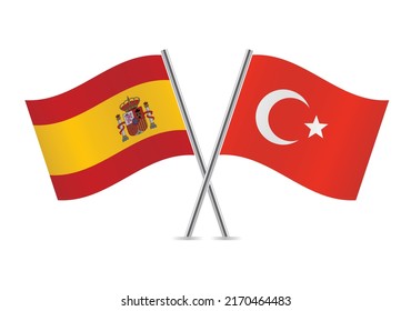 Spain and Turkey crossed flags. Spanish and Turkish flags on white background. Vector icon set. Vector illustration.