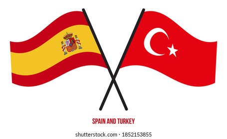 Spain and Turkey Flags Crossed And Waving Flat Style. Official Proportion. Correct Colors.