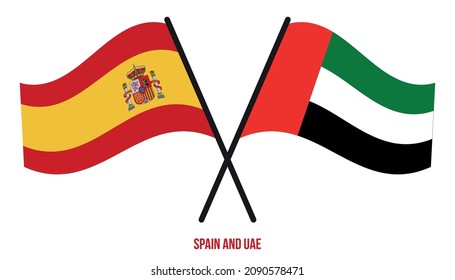 Spain and UAE Flags Crossed And Waving Flat Style. Official Proportion. Correct Colors.