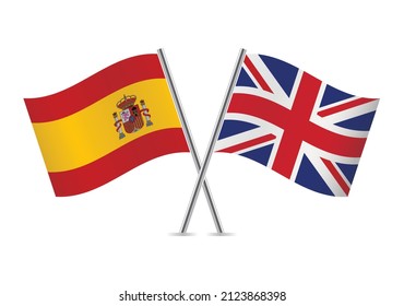 Spain and United Kingdom crossed flags. Spanish and British flags isolated on white background. Vector icon set. Vector illustration.