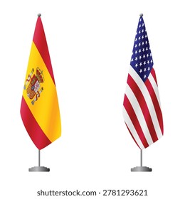Spain and United States flags on flagpoles for official ceremonies and meetings, transparent background vector