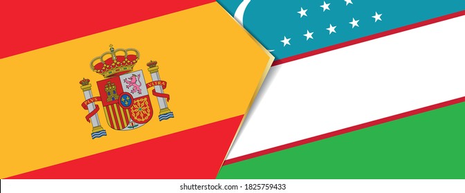 Spain and Uzbekistan flags, two vector flags symbol of relationship or confrontation.