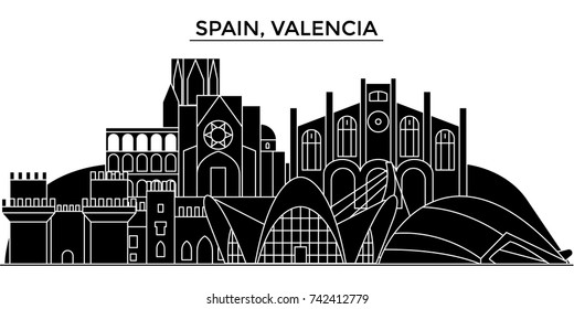 Spain, Valencia architecture vector city skyline, travel cityscape with landmarks, buildings, isolated sights on background
