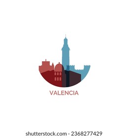 Spain Valencia cityscape skyline capital city panorama vector flat modern logo icon. ‎Valencian Community emblem idea with landmarks and building silhouettes