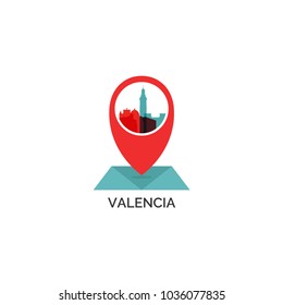 Spain Valencia map city pin point geolocation modern skyline shape pointer vector flat logo web icon illustration