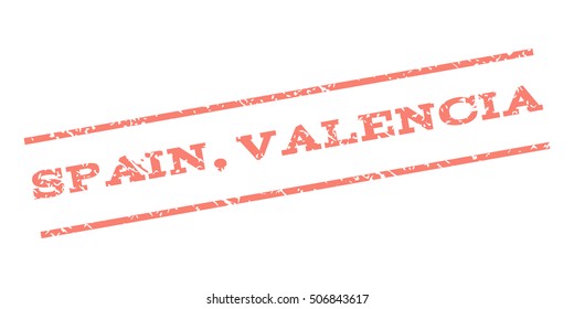 Spain Valencia watermark stamp. Text tag between parallel lines with grunge design style. Rubber seal stamp with dirty texture. Vector salmon color ink imprint on a white background.