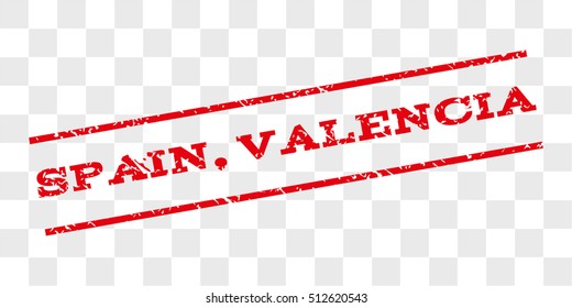Spain, Valencia watermark stamp. Text tag between parallel lines with grunge design style. Rubber seal stamp with unclean texture. Vector red color ink imprint on a chess transparent background.