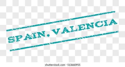 Spain, Valencia watermark stamp. Text tag between parallel lines with grunge design style. Rubber seal stamp with dust texture. Vector cyan color ink imprint on a chess transparent background.