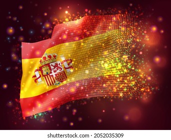 Spain, vector 3d flag on pink purple background with lighting and flares