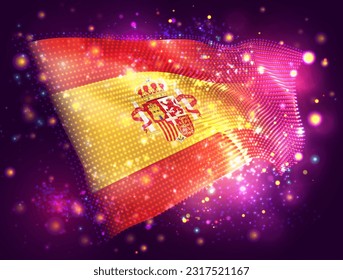 Spain, vector 3d flag on pink purple background with lighting and flares