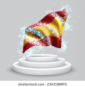Spain, vector 3d flag on the podium surrounded by a whirlwind of magical radiance
