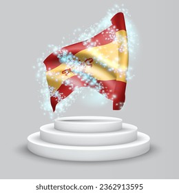 Spain, vector 3d flag on the podium surrounded by a whirlwind of magical radiance