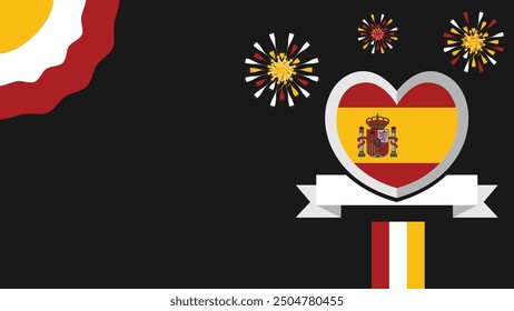Spain vector banner design illustration with flag colors, geometric shapes and typography. fireworks and ribbon elements.