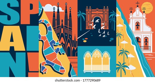 Spain vector banner, illustration. City skyline, historical buildings in modern flat design style. Spanish landmarks of Barcelona and other areas