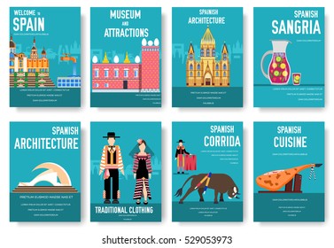 Spain vector brochure cards set. Country template of flyear, magazines, posters, book cover, banners. Travel invitation concept  background. Layout architecture illustrations modern page