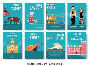 Spain vector brochure cards set. Country template of flyear, magazines, posters, book cover, banners. Travel invitation concept background. Layout architecture illustrations modern page