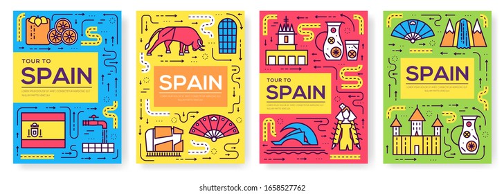 Spain vector brochure cards thin line set. Country travel template of flyear, magazines, posters, book cover, banners. Layout culture monument outline illustrations modern pages