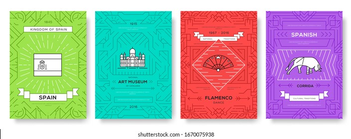 Spain vector brochure cards thin line set.  Layout culture monument outline illustrations modern pages. Country travel template of flyear, magazines, posters, book cover, banners.