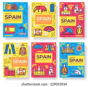 Spain vector brochure cards thin line set. Country travel template of flyear, magazines, posters, book cover, banners. Layout culture monument outline illustrations modern pages