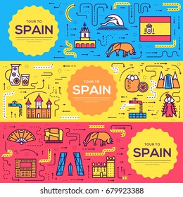 Spain vector brochure cards thin line set. Country travel template of flyear, magazines, posters, book cover, banners. Layout culture monument outline illustrations modern pages