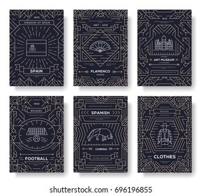 Spain vector brochure cards thin line set. Country travel template of flyear, magazines, posters, book cover, banners. Layout culture monument outline illustrations modern pages.