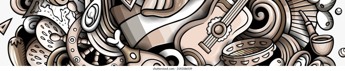 Spain vector cartoon doodles illustration. Spanish funny objects and elements banner design. Creative Monochrome background.