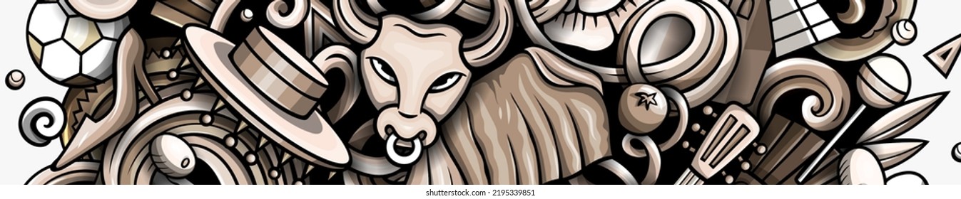 Spain vector cartoon doodles illustration. Spanish funny objects and elements banner design. Creative Monochrome background.