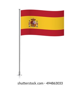 Spain Vector Flag Template. Waving Flag Of Spain On A Metallic Pole, Isolated On A White Background.