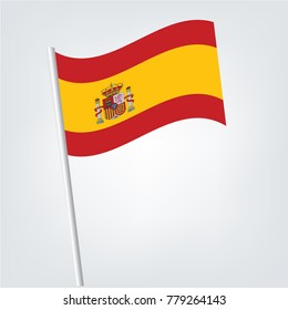 Spain Vector Flag Template. Waving Flag Of Spain On A Metallic Pole, Isolated On A White Background.