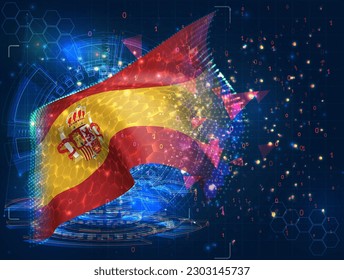 Spain,  vector flag, virtual abstract 3D object from triangular polygons on a blue background