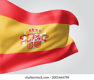 Spain, vector flag with waves and bends waving in the wind on a white background.