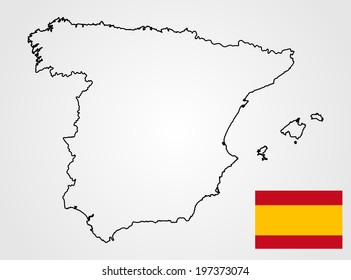 Spain vector map contour silhouette and vector Spain  flag high detailed, isolated on white background illustration. 