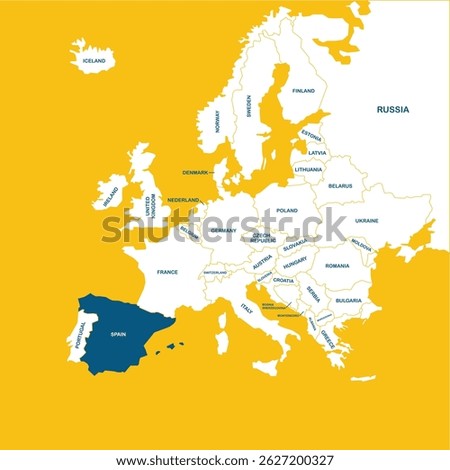 Spain vector map, Europe, vector map silhouette illustration isolated on Europe map. Editable blank vector map of Europe. 